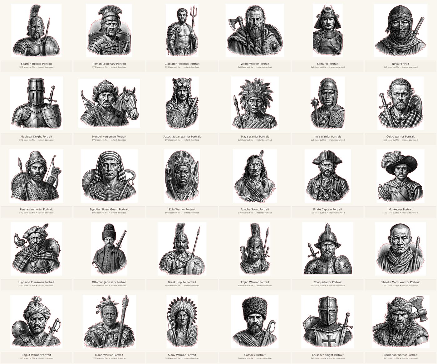 Contact sheet of the Ancient Warriors and Legends engraving portrait series — 30 designs