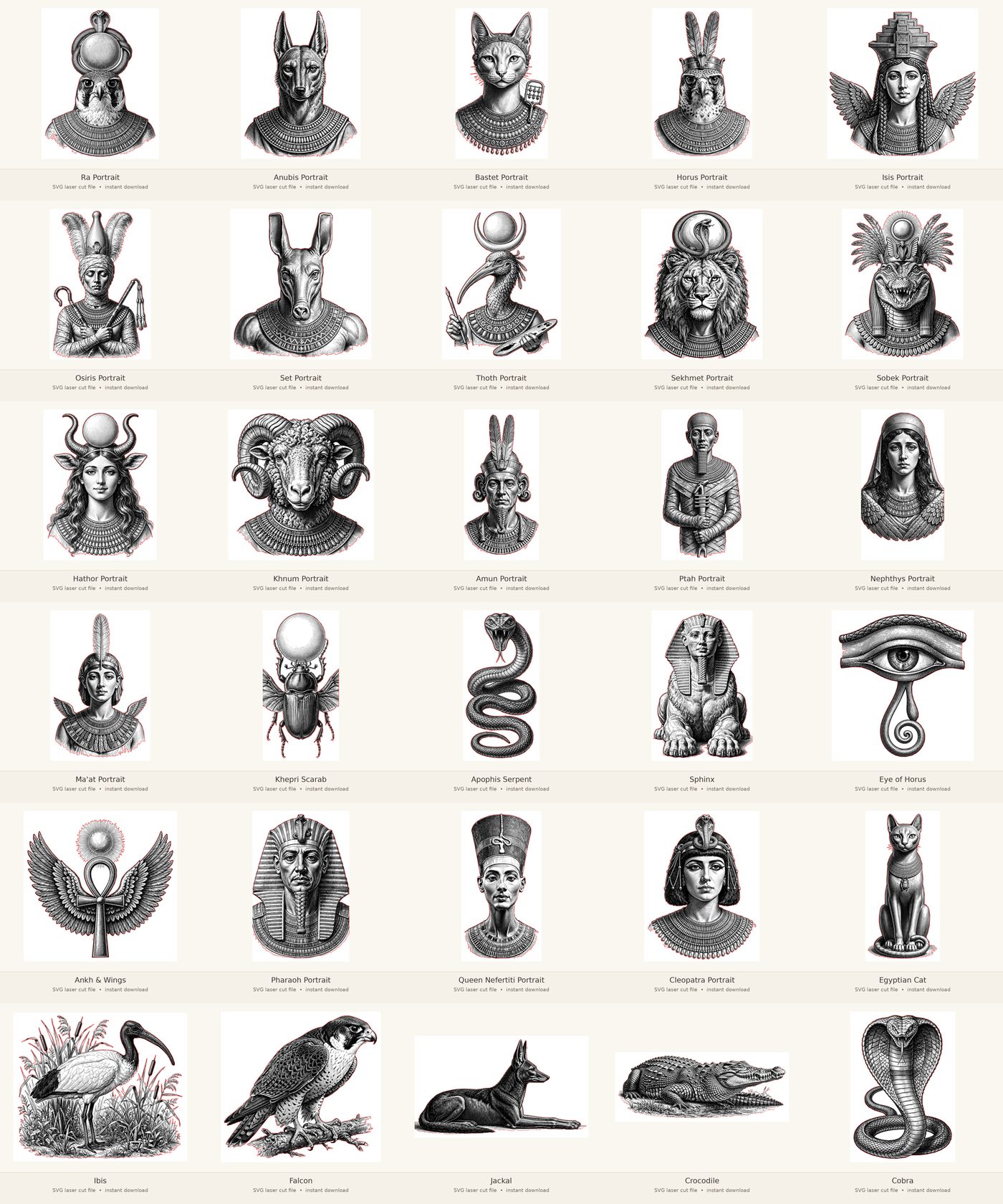 Contact sheet of the Egyptian Mythology engraving portrait series — 30 designs