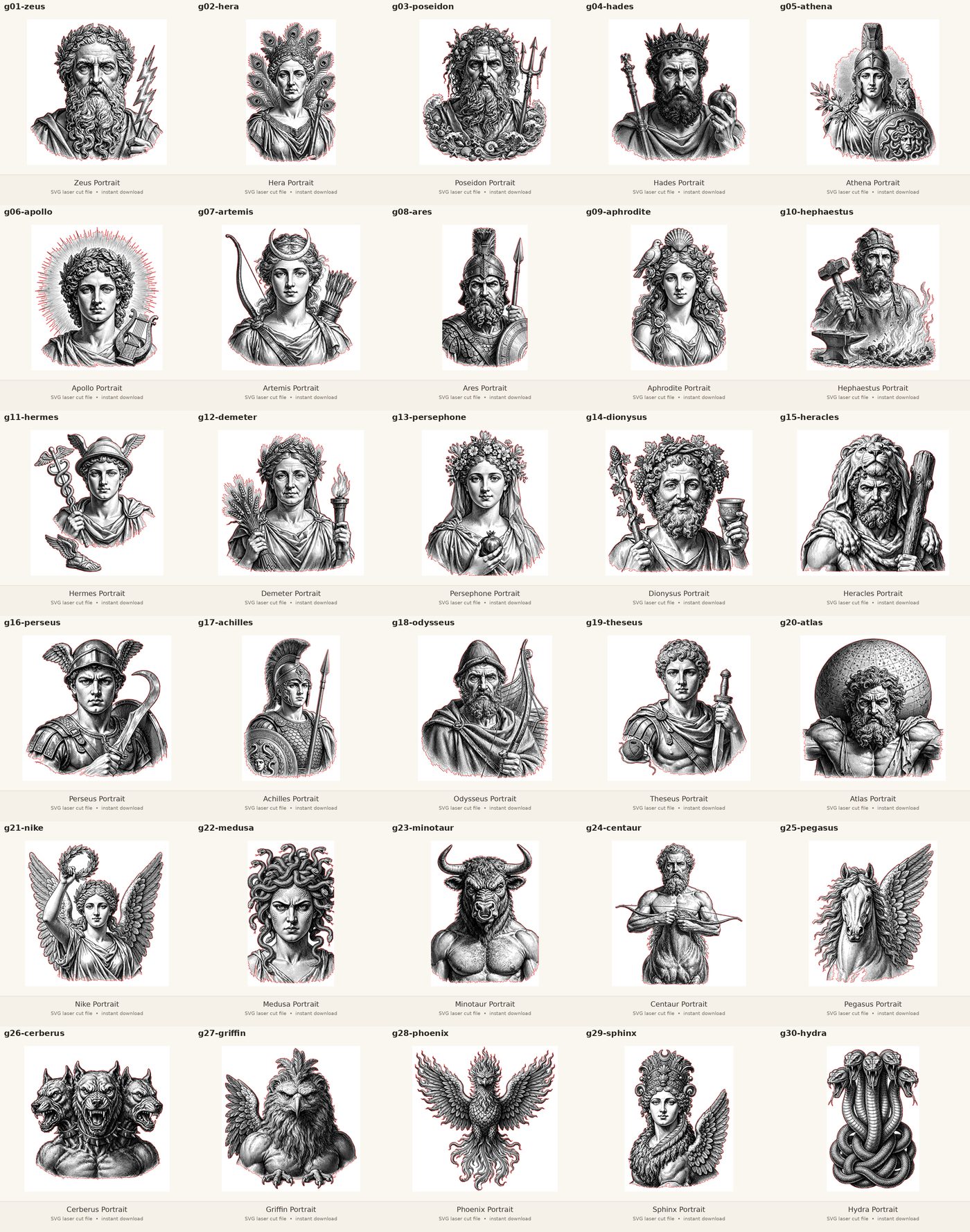 Contact sheet of the Greek and Roman Mythology engraving portrait series — 30 designs