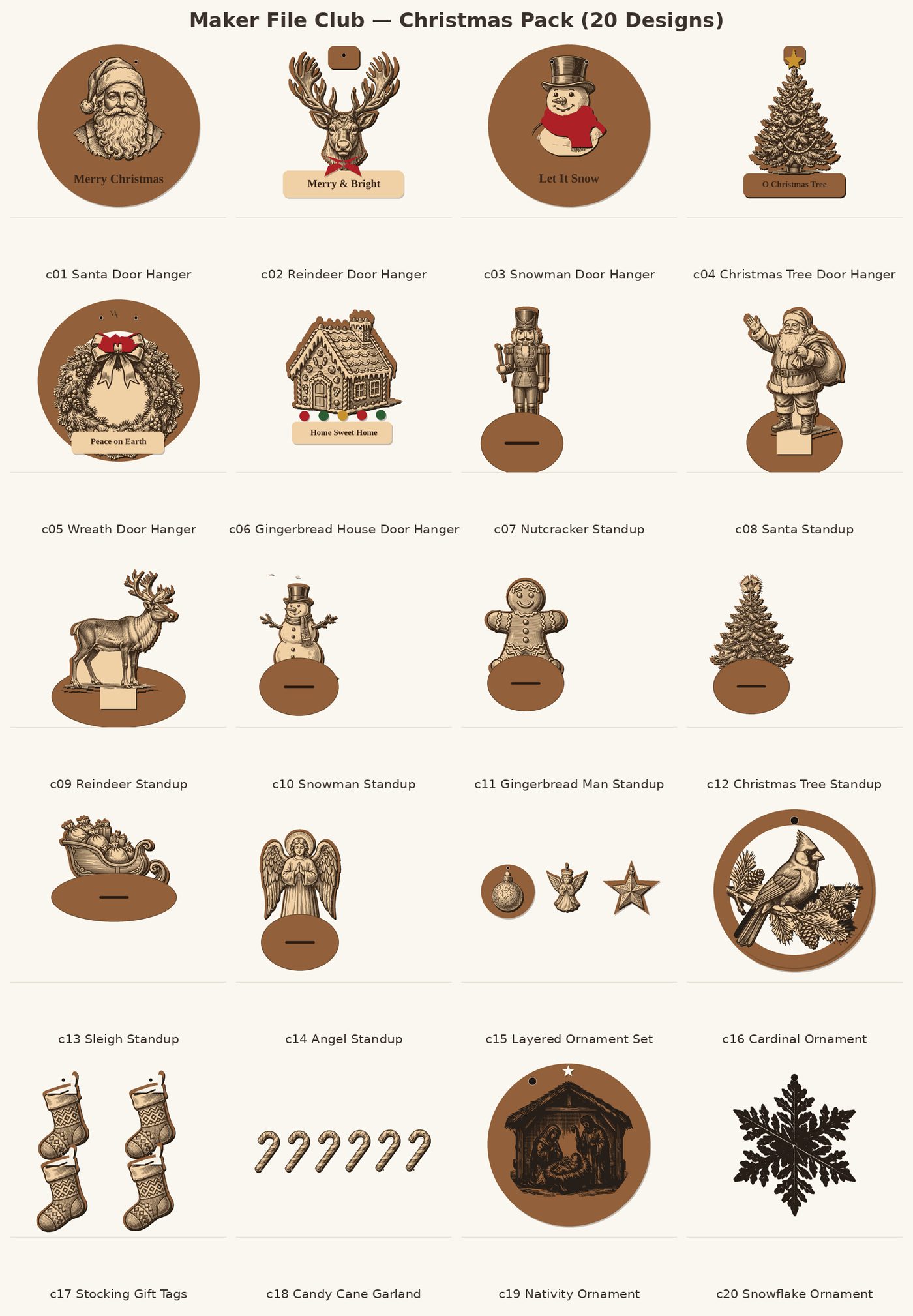 Contact sheet of the Christmas layered laser cut-file pack — 20 designs