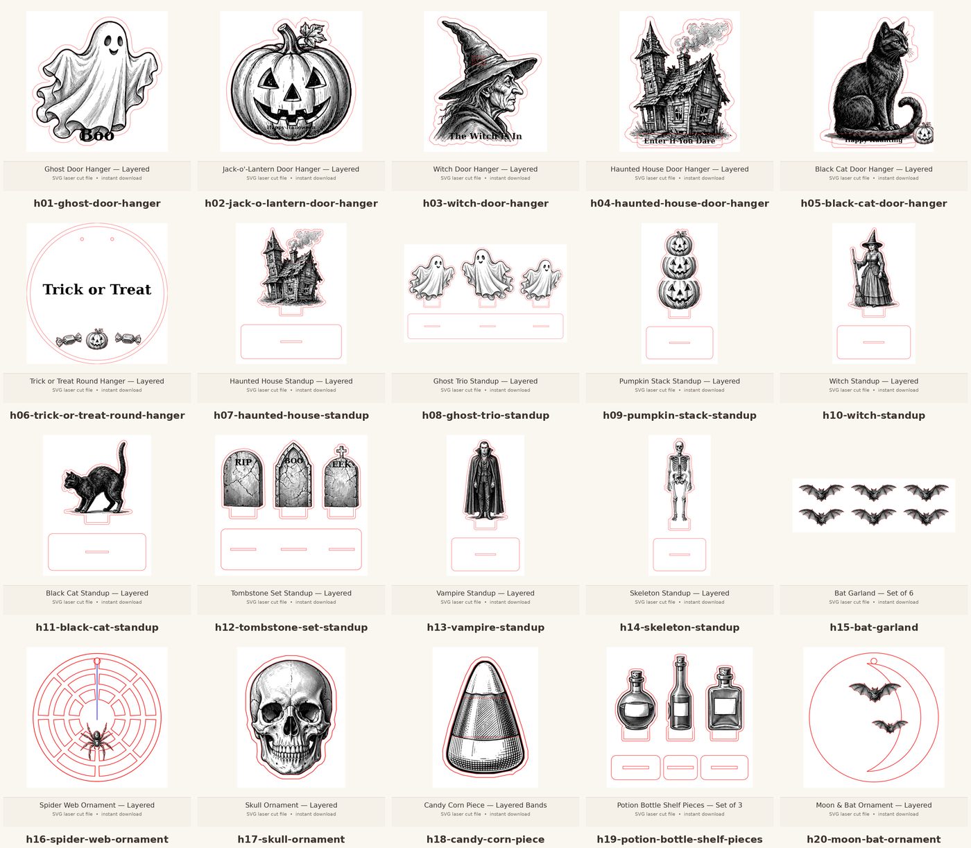 Contact sheet of the Halloween layered laser cut-file pack — 20 designs