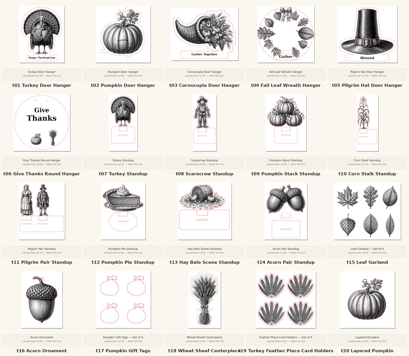 Contact sheet of the Thanksgiving layered laser cut-file pack — 20 designs