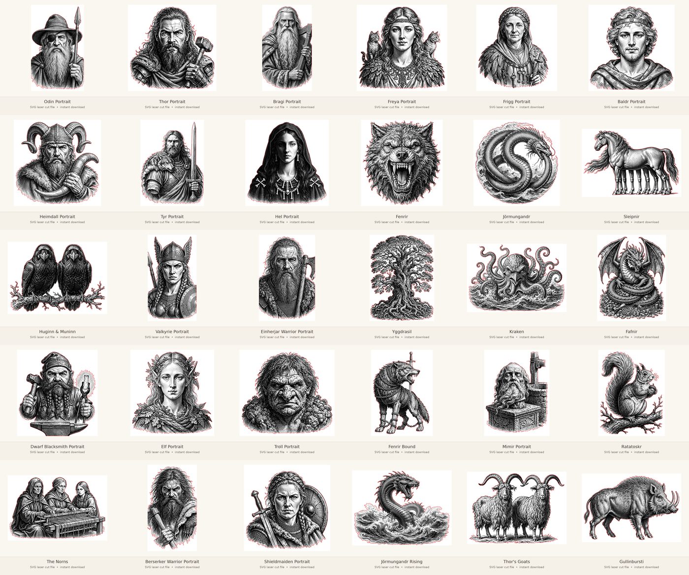 Contact sheet of the Norse Mythology engraving portrait series — 30 designs